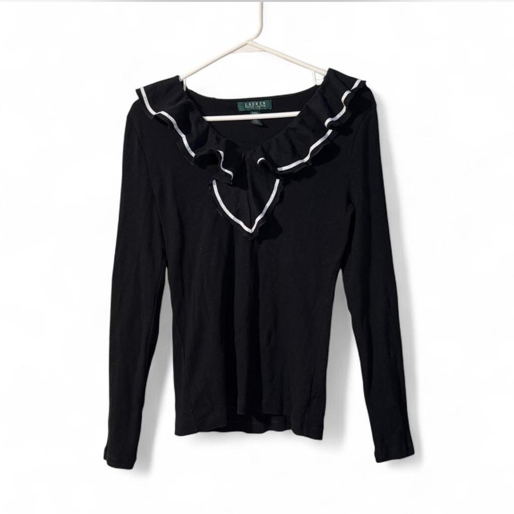Ralph Lauren Black Blouse with White Ruffle Trim